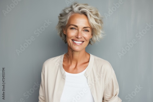 Smiling mature woman. Portrait of beautiful mature woman looking at camera and smiling while standing against grey background