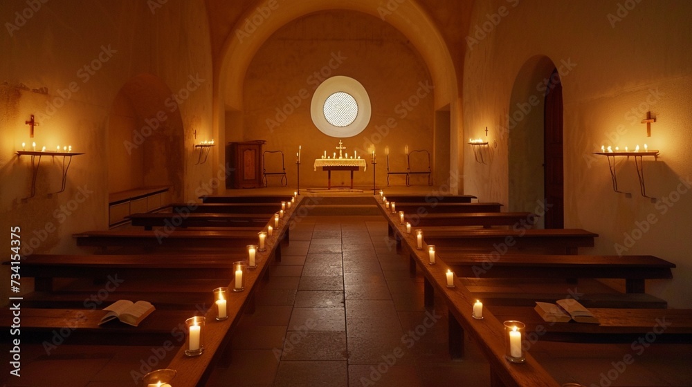 An intimate chapel with rustic wooden benches, bathed in the warm glow of candlelight.