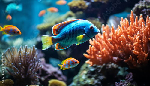 Vibrant clown fish swimming below the multi colored coral reef generated by AI