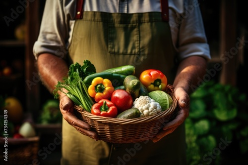 The farmer holds a basket with Organic Vegetables , A delighted young farmer holds a basket of fresh vegetables in a natural setting, symbolizing organic, eco-friendly, Ai generated #734154349