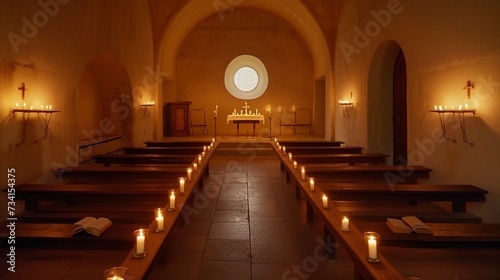 Obraz na płótnie An intimate chapel with rustic wooden benches, bathed in the warm glow of candlelight. w salonie