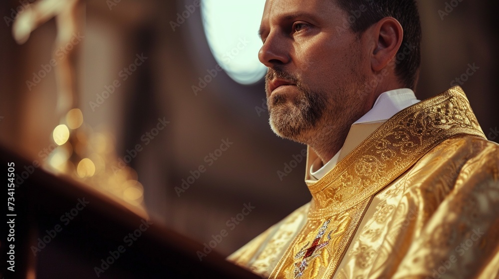 A close-up of a priest delivering a sermon at the pulpit, capturing the sincerity in his expression.