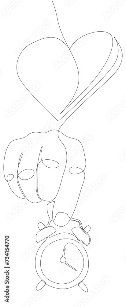 One continuous line of alarm clock with Heart. Thin Line Illustration vector Valentine's Day concept. Contour Drawing Creative ideas. One continuous line of alarm clock with Heart. Thin Line Illustration vector Valentine's Day concept. Contour Drawing Creative ideas.