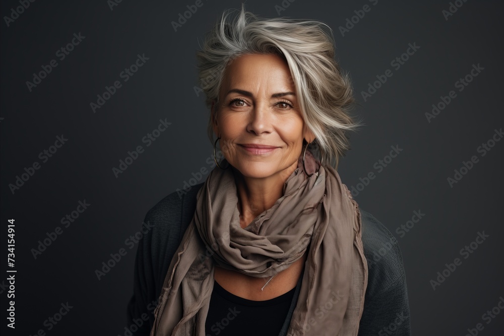 Portrait of a beautiful mature woman with short blond hair and gray scarf.