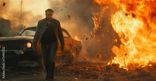 Action shot with man running away from explosion on car. Dynamic scene with fire in action movie blockbuster style.