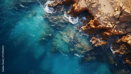 Tranquil seascape blue waves break on rocky coastline generated by AI