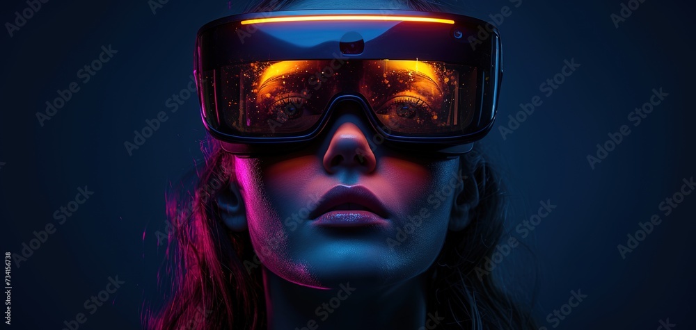 Metaverse technology concept. Excited young woman wearing VR headset with new experience Metaverse technology concept. Excited young woman wearing VR headset with new experience