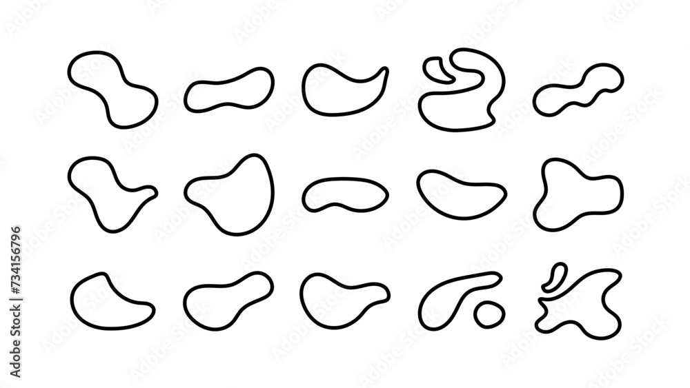 Outline blob shapes, fluid or liquid round abstract elements. Black simple blotch water forms. Vector illustration.