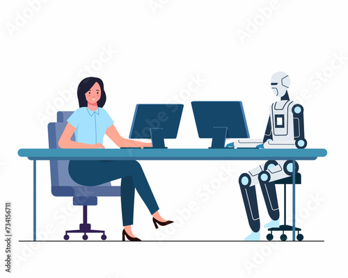 A human working with a Artificial intelligence robot sitting at laptops in workplace together digital technology