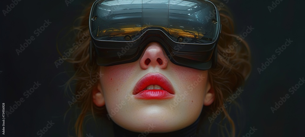 Metaverse technology concept. Excited young woman wearing VR headset with new experience