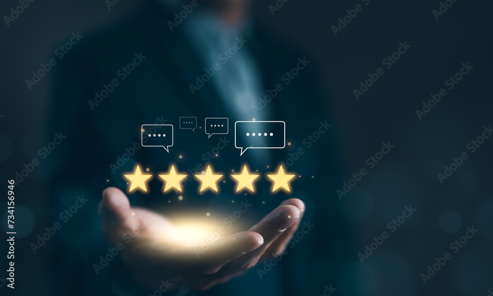 © Supatman - User feedback and review satisfaction, 5 star score, happy smile, Service experience rating online application, Evaluation of product service quality by customer. Customer satisfaction survey concept.