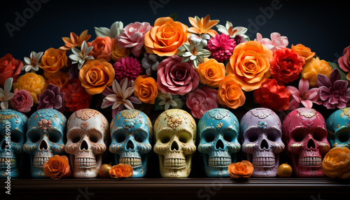 Spooky Halloween decoration skull, flower, and human skeleton generated by AI