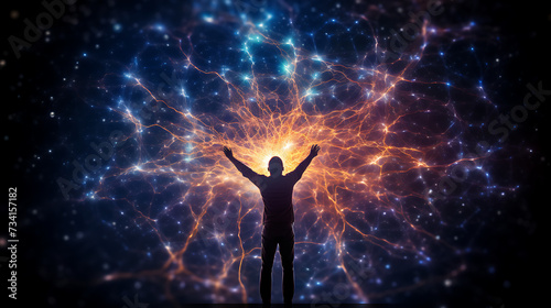  a man is standing with their arms raised as an effect of the energy surrounding them, in the style of cellular formations, intertwined networks, spectacular backdrops, celestialpunk, science academia