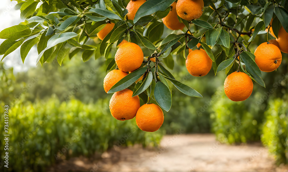 Abundant orange tree with ripe oranges in focus foreground, garden setting background Abundant orange tree with ripe oranges in focus foreground, garden setting background