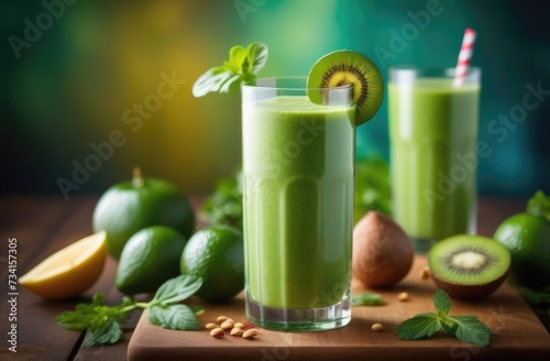 healthy eating and nutrition, diet smoothie for weight loss, Healthy green smoothie made from fresh fruits and vegetables, organic products, detoxifying green smoothie