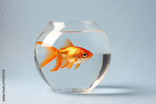 Goldfish in a round glass aquarium on a blue background.