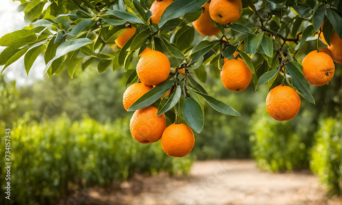 Abundant orange tree with ripe oranges in focus foreground, garden setting background