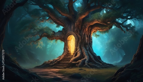 painting of an ancient tree with a doorway glowing in its trunk, leading to a luminous, enchanted realm