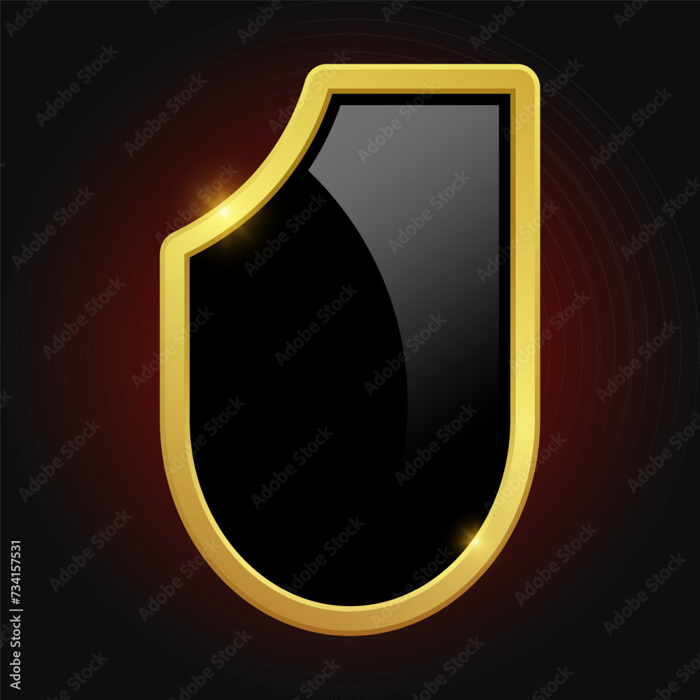 Black shield with glossy bright golden frame isolated on red background. VIP luxury logo design element. Vector clipart illustration. Black shield with glossy bright golden frame isolated on red background. VIP luxury logo design element. Vector clipart illustration.