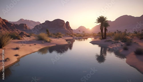 Eine Wüstenoase in der Dämmerung mit kristallklarem Wasser, das die Farbpalette der untergehenden Sonne widerspiegelt. © JazzRock