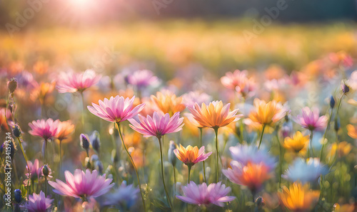Sunny spring field  Vibrant flowers under the sun