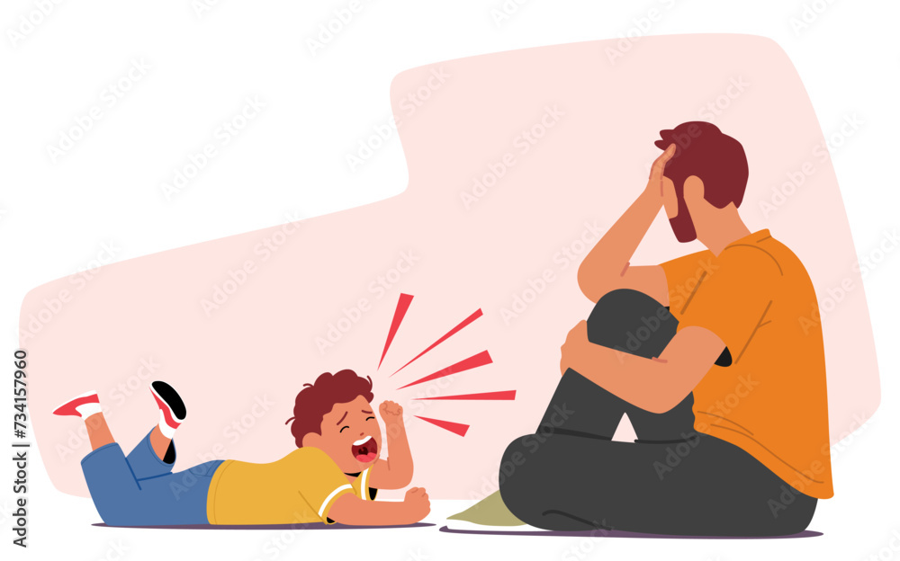 Distressed Child Unleashes Hysterical Screams, A Torrent Of Emotions In A Tantrum. Despondent Father Vector Illustration