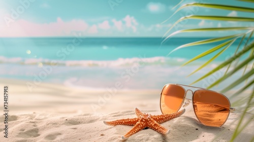 pair of sunglasses and a starfish on the sandy shore, with the beautiful blue ocean and sky in the background. 