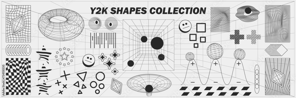 Abstract geometry wireframe shapes and patterns, cyberpunk elements, signs and perspective grids. Surreal geometric retro signs. Rave psychedelic futuristic Y2k acid aesthetic set. Vector illustration Abstract geometry wireframe shapes and patterns, cyberpunk elements, signs and perspective grids. Surreal geometric retro signs. Rave psychedelic futuristic Y2k acid aesthetic set. Vector illustration