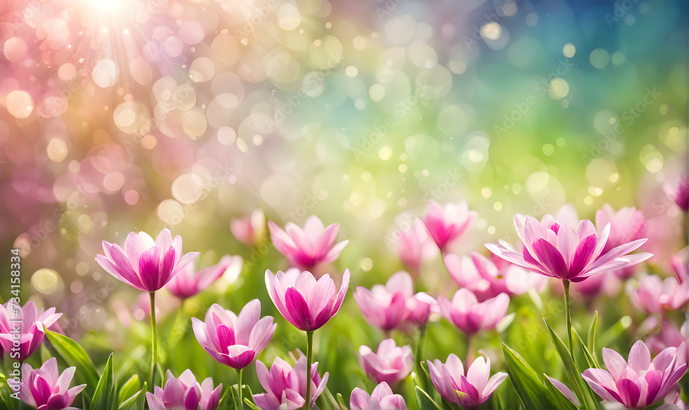 Sunny spring field: Vibrant flowers under the sun Sunny spring field: Vibrant flowers under the sun