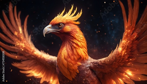 portrait of a regal phoenix in mid-rebirth, flames morphing into feathers against a backdrop of stars. © JazzRock