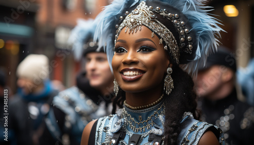 Young adults in traditional clothing smiling at the camera during a festive parade generated by AI