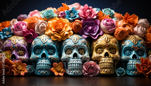 Day of the Dead celebration spooky skulls, colorful flowers, ancient traditions generated by AI