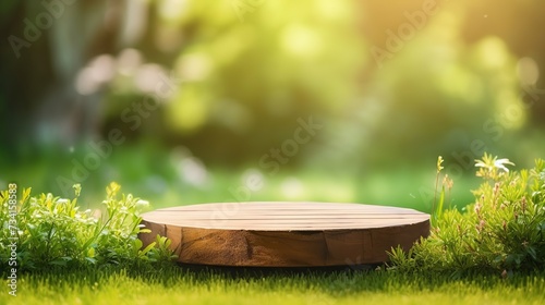 A round cut of wood, a pedestal for an object, a podium. Sunshine against the backdrop of lush green grass.