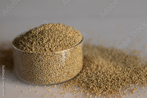 Closeup of browntop millet grains in a pristine glass bowl filled to the brim photo