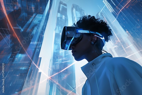 Young Black Man Wearing Virtual Reality Headset in Futuristic City, Concepts of Travel, Technology