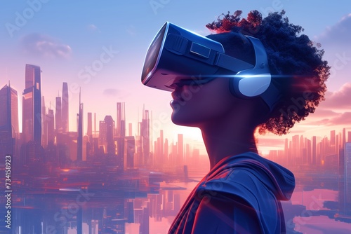Black Young Woman With Virtual Reality Headset Exploring Cityscape