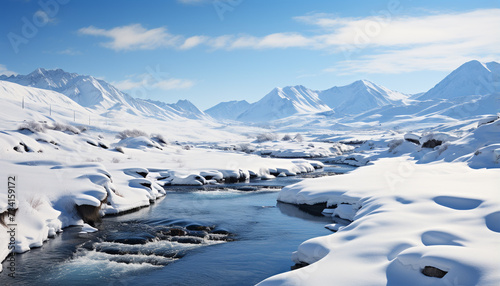 Winter mountain adventure frozen water, tranquil scene, majestic beauty generated by AI