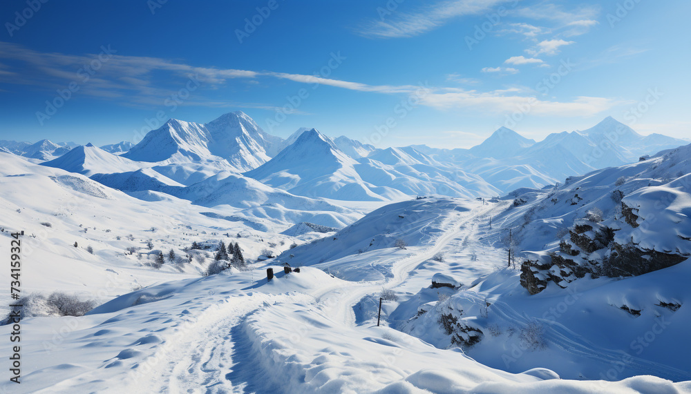 A breathtaking winter landscape snow covered mountains, blue skies, and icy peaks generated by AI