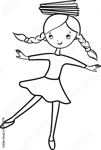 balancing girl with books outline cartoon vector illustration