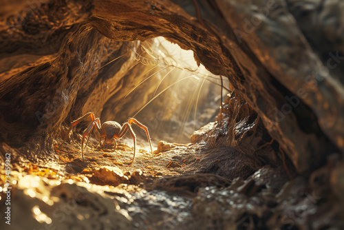 Spider crawling in the cave. Dangerous insect from fairytale. photo