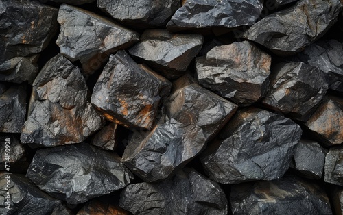 Close-up view of a pile of coal with a rough, irregular shape and texture. photo