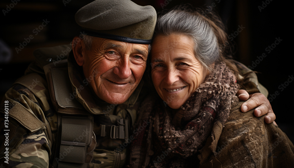 Elderly couple smiling, embracing, and looking at camera with love generated by AI