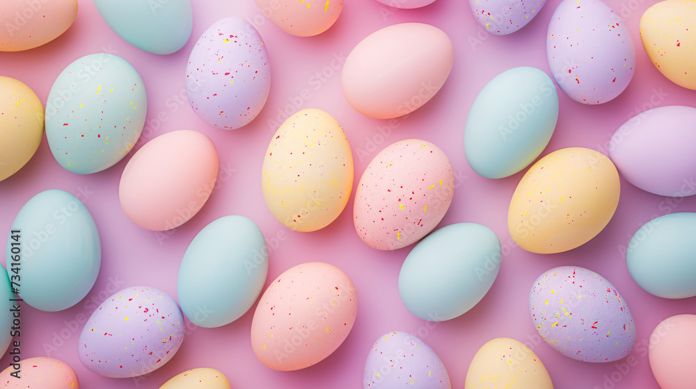 Immerse Yourself in the Whimsical Charm of a Flat Lay Easter Egg Background, Featuring an Array of Colorful Eggs and Generous Copy Space for Your Easter Greetings. Immerse Yourself in the Whimsical Charm of a Flat Lay Easter Egg Background, Featuring an Array of Colorful Eggs and Generous Copy Space for Your Easter Greetings.