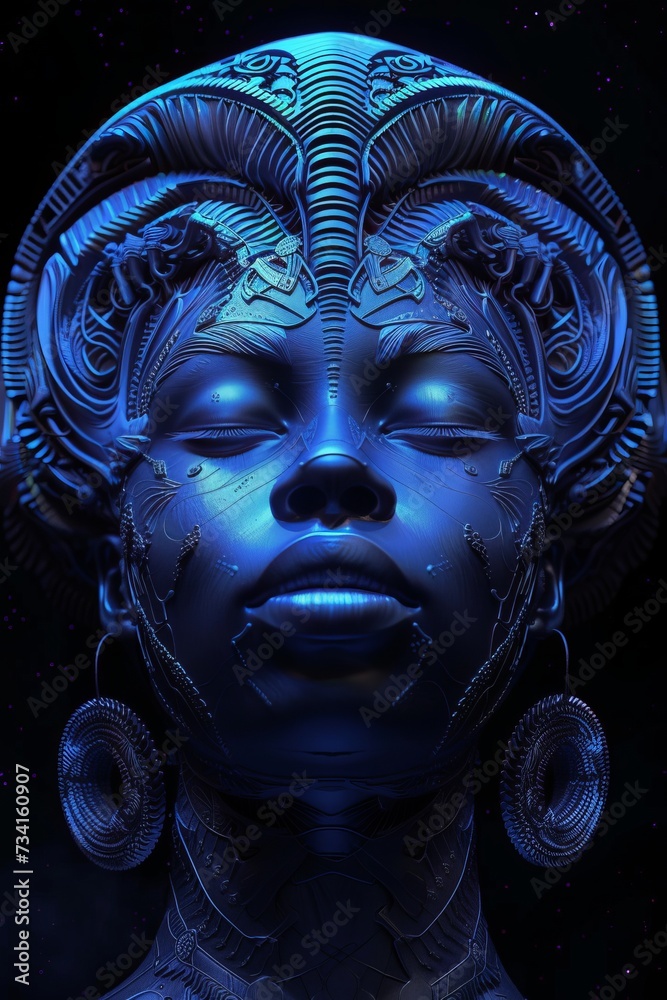 The face of an African or African-American woman or a robot or artificial intelligence in the style of afrofuturism The face of an African or African-American woman or a robot or artificial intelligence in the style of afrofuturism
