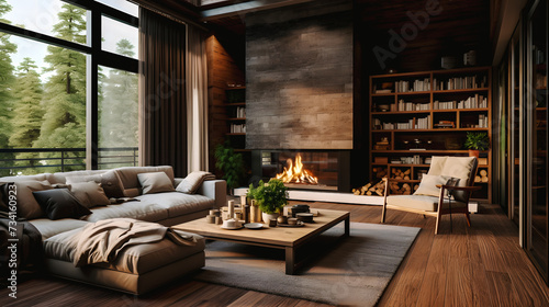 Salon avec cheminée et feu de bois