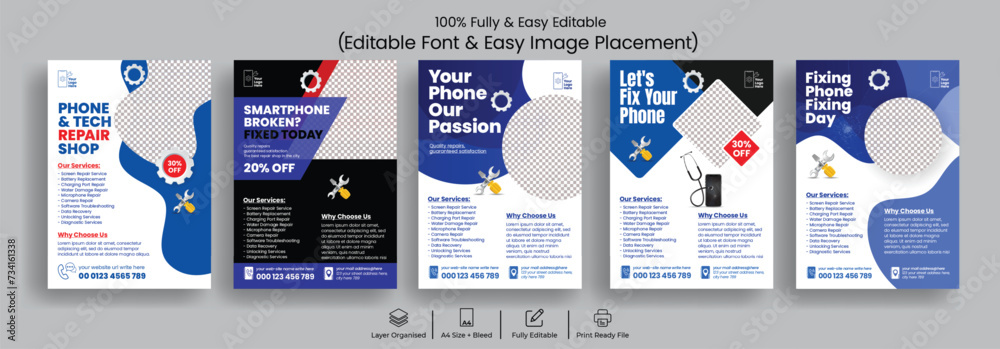 Editable print flyer template set for mobile Cellphone Repair Service shop poster bundle or leaflet suitable for Electronic and tech repair pamphlet, drone service flyer pack design - obrazy, fototapety, plakaty 