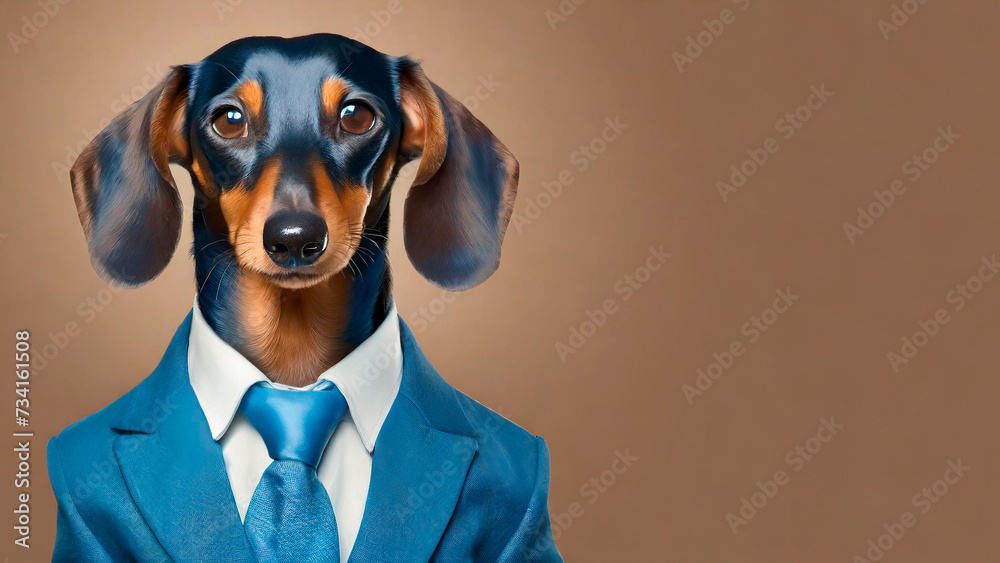 Dachshund dog dressed in a formal blue business suit on brown background with copy space