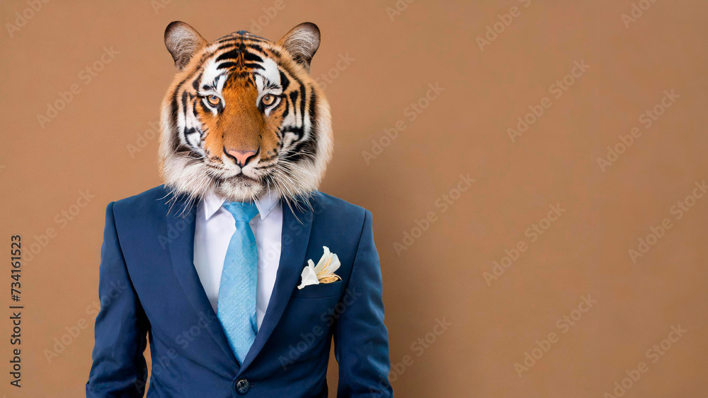 Portrait of a tiger in a business suit on a brown background with copy space
