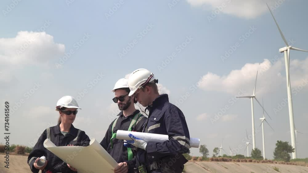 Engineers man and woman inspecting construction of WIND TURBINE FARM. WIND TURBINE with an energy storage system operated by Super Energy Corporation. Workers Meeting to check AROUND THE AREA. Engineers man and woman inspecting construction of WIND TURBINE FARM. WIND TURBINE with an energy storage system operated by Super Energy Corporation. Workers Meeting to check AROUND THE AREA.