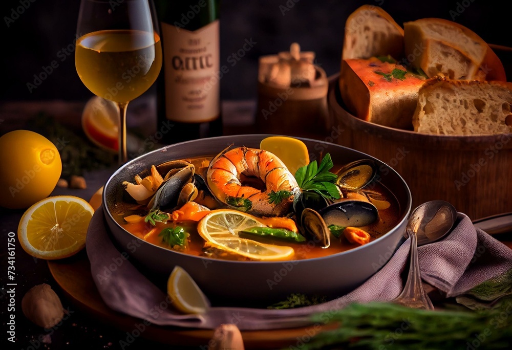 French Coastal Delights: Bouillabaisse with Fresh Seafood Served with Perfect Wine. Generative AI